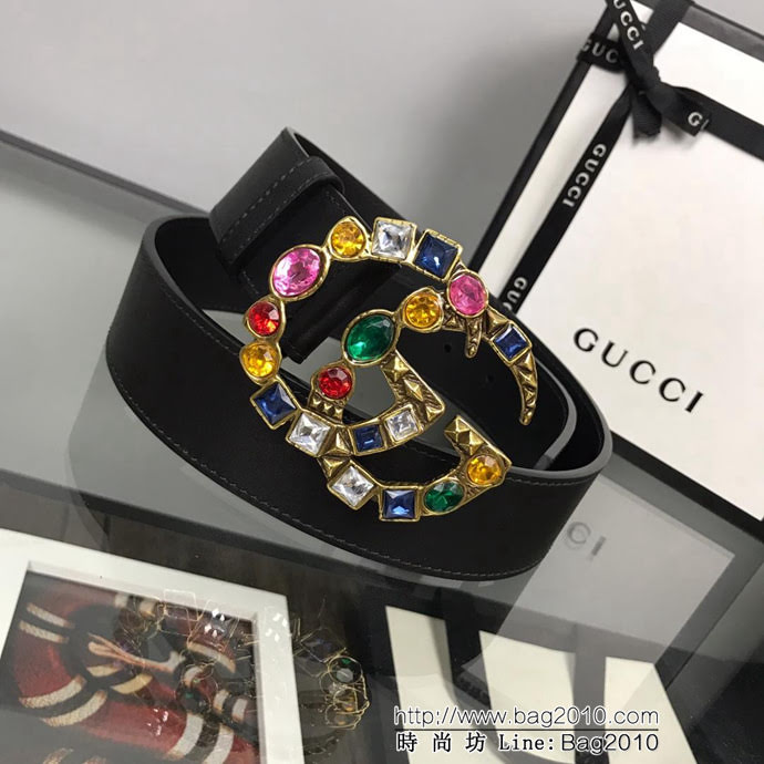 GUCCI古馳 官網新款 正品規格 原單品質 雙面進口頭層對版定制皮料 彩色寶石復古金GG扣 時尚百搭款皮帶  xfp1319